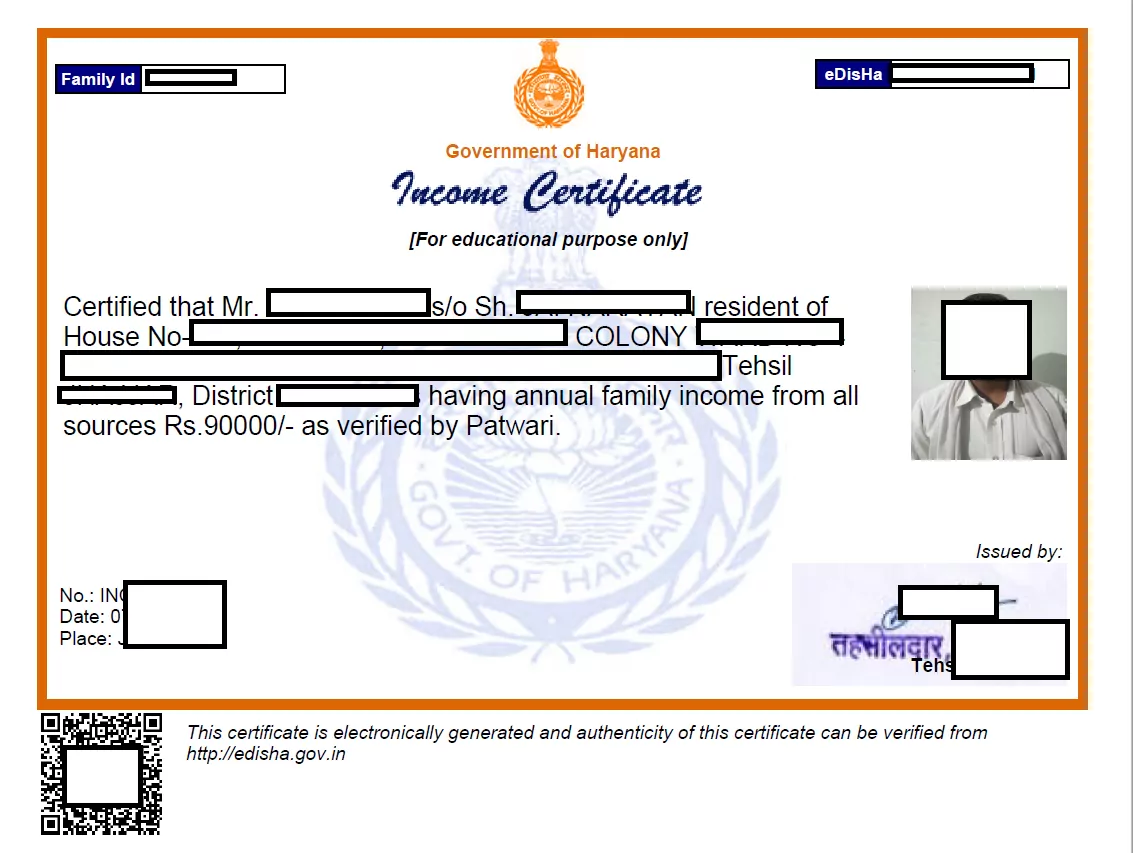 income certificate haryana