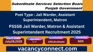 PSSSB Jail Warder, Matron & Assistant Superintendent Recruitment 2025